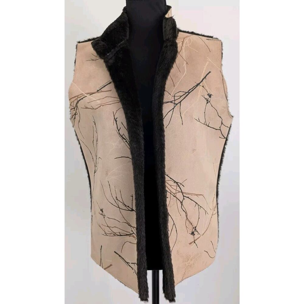 Robert Kitchen Canada Faux Fur Lined Vest M | Tree Branch Print Western Boho - Picture 2 of 9